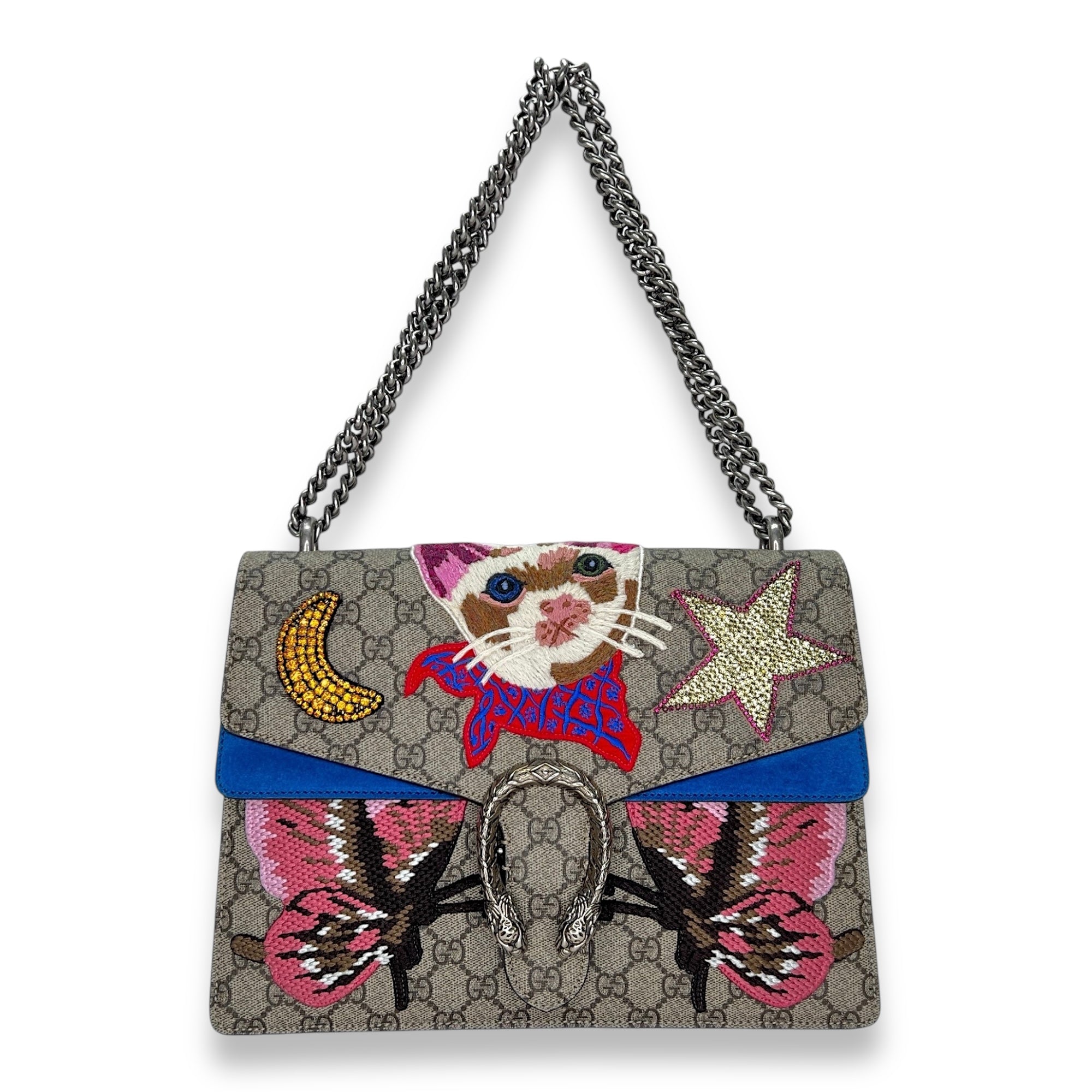 EMBROIDERED CAT & BUTTERFLY CHAIN SHOULDER Shoulder bag in Coated canvas, Brushed Silver Hardware