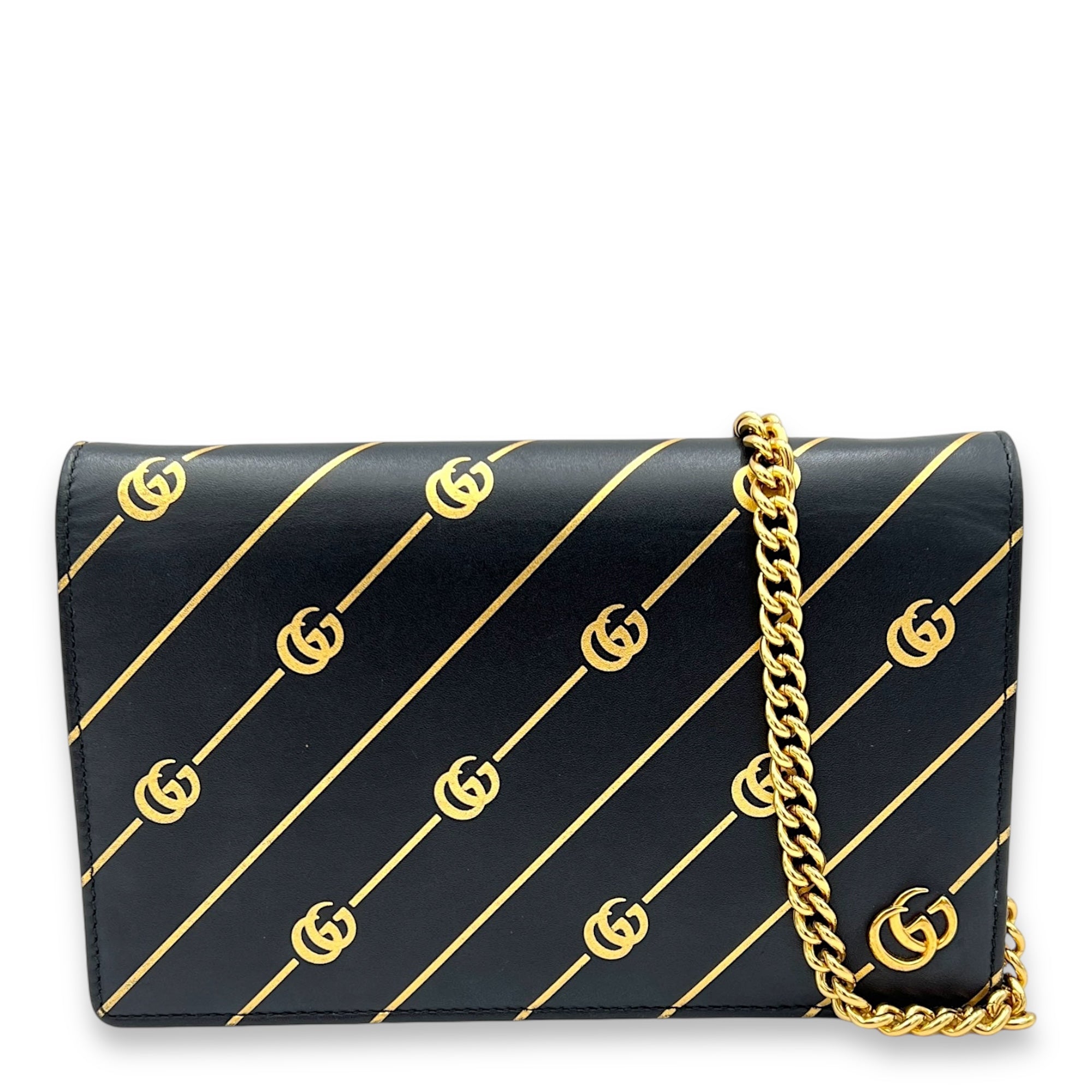 GG Black Wallet On Chain in Calfskin, Gold hardware