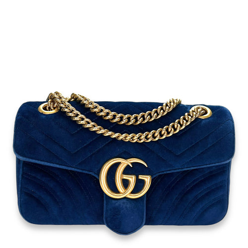 GG Marmont Small Blue Shoulder Bag in Velvet, Gold hardware