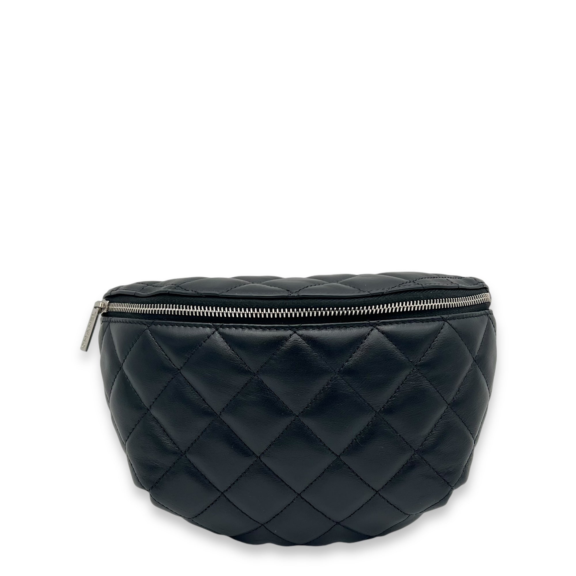 Quilted Black Belt Bag in Calfskin, Silver hardware