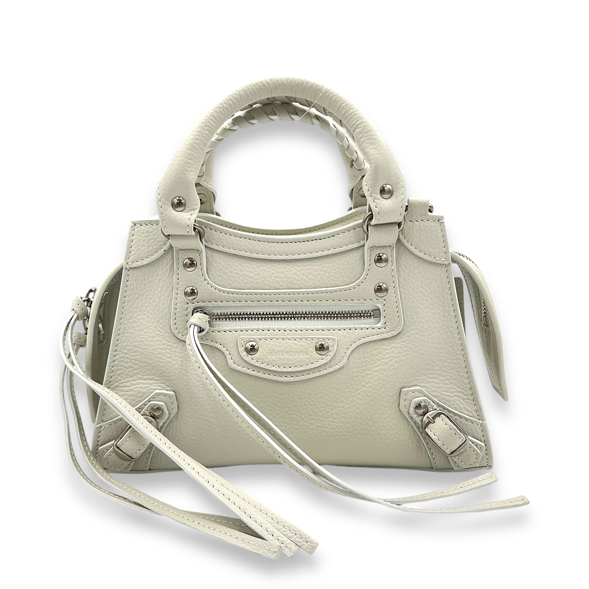 Neo Classic Top Handle Bag Mini White in Calfskin, Silver hardware