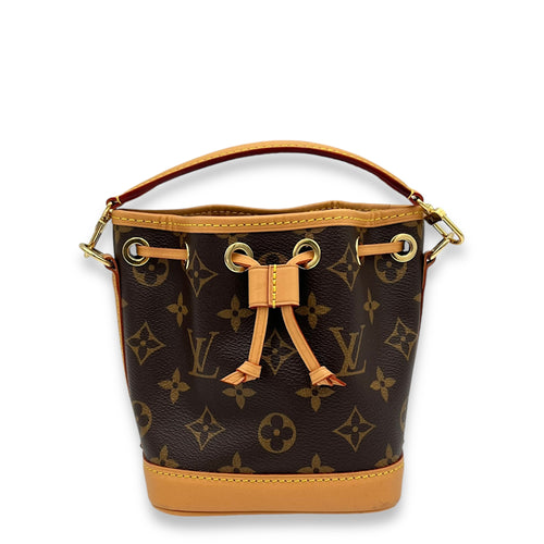 Noe Bucket Bag Nano Brown in Monogram Coated Canvas, Gold hardware