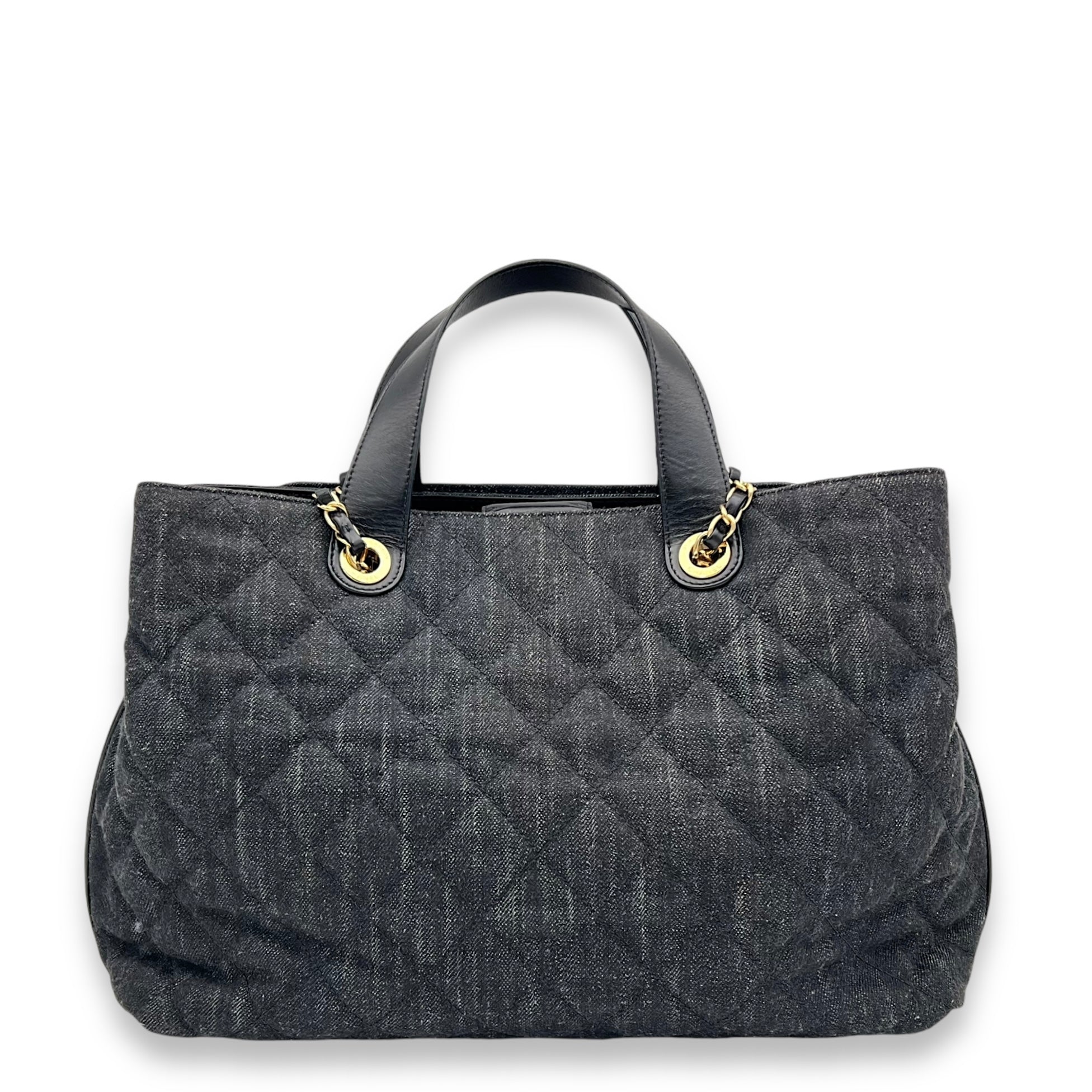 Quilted Shopping Black Tote Bag in Denim, Gold hardware