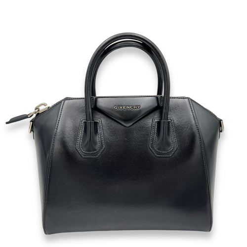 Antigona Small Black Top Handle Bag in Calfskin, Silver hardware