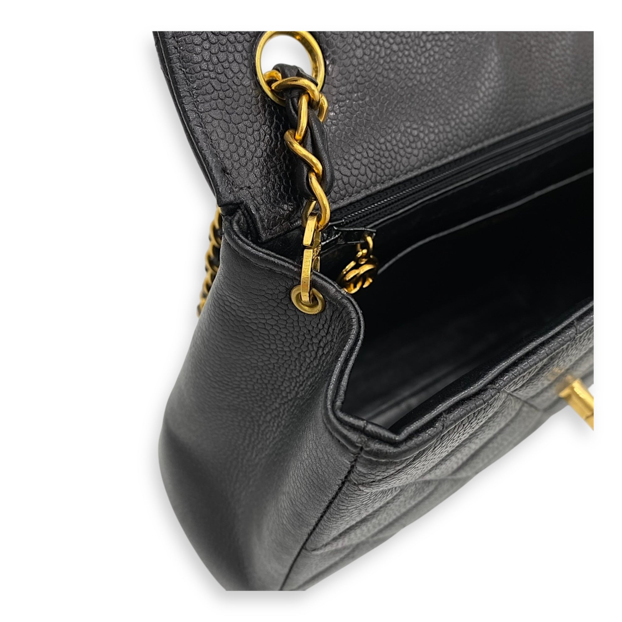 Vintage Square Flap Black Crossbody Bag in Caviar Leather, Gold hardware