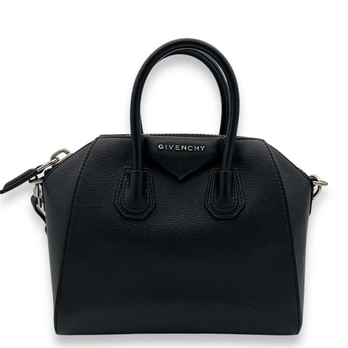 Antigona Mini Black Top Handle Bag in Goat Leather, Silver hardware