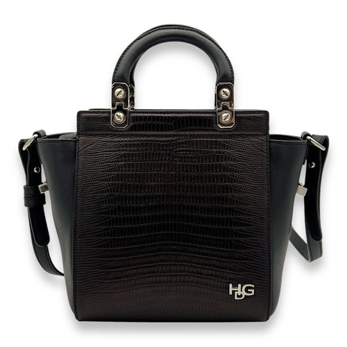 HDG Mini Black Top Handle Bag in Lizard Embossed Calfskin, Silver hardware