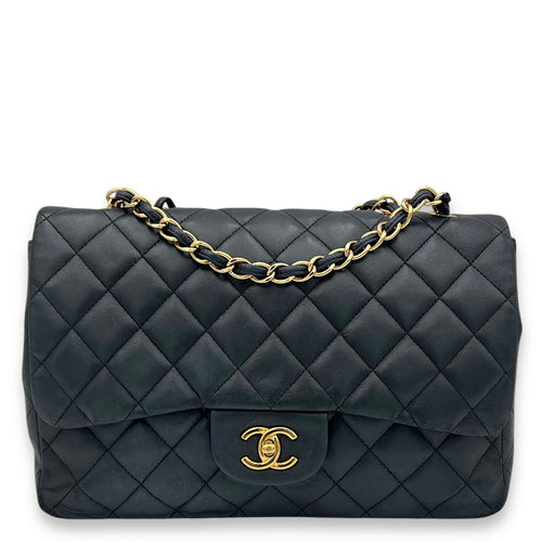 Classic Single Flap Jumbo Black Shoulder Bag in Lambskin, Gold hardware