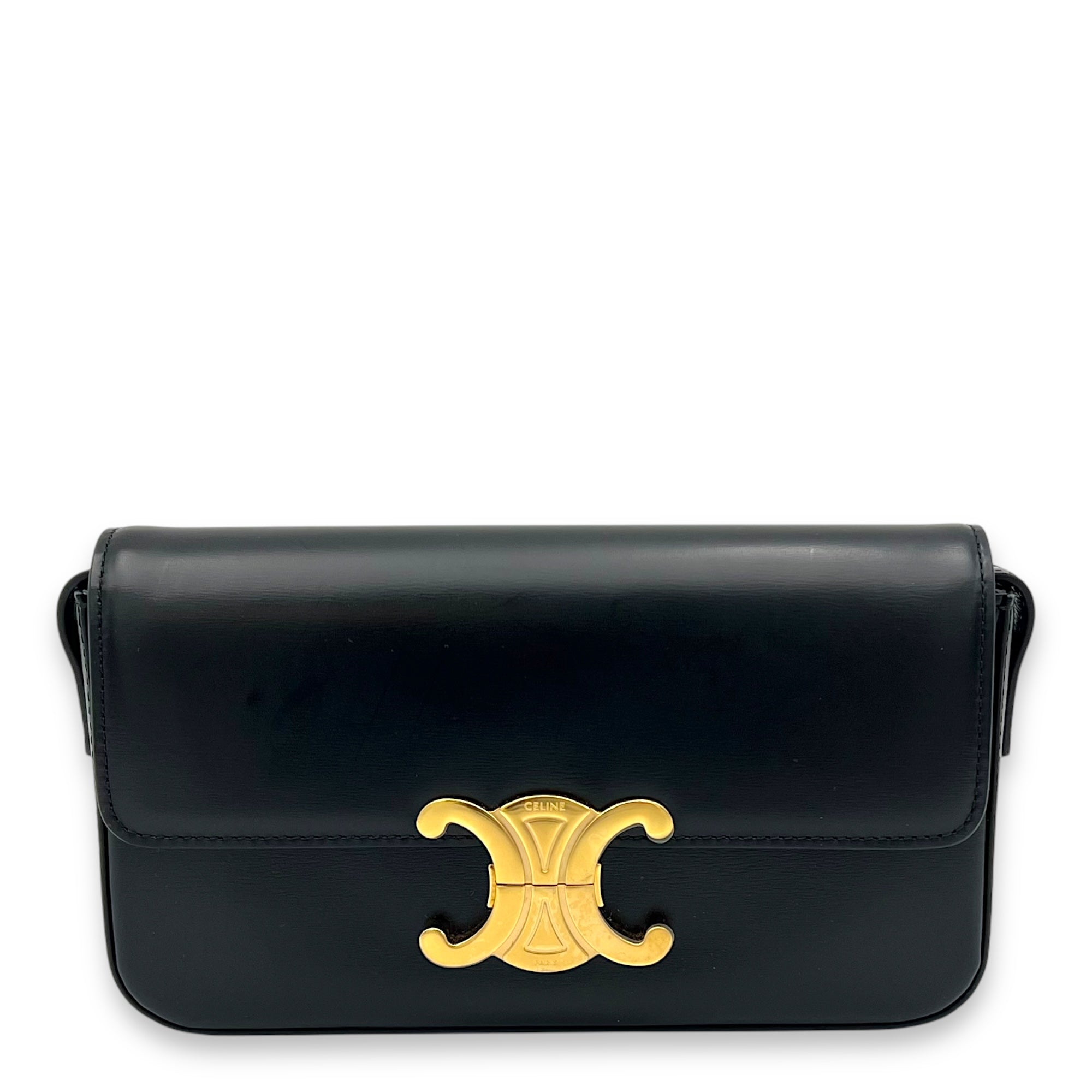 Triomphe Shoulder Bag Black in Calfskin, Gold hardware