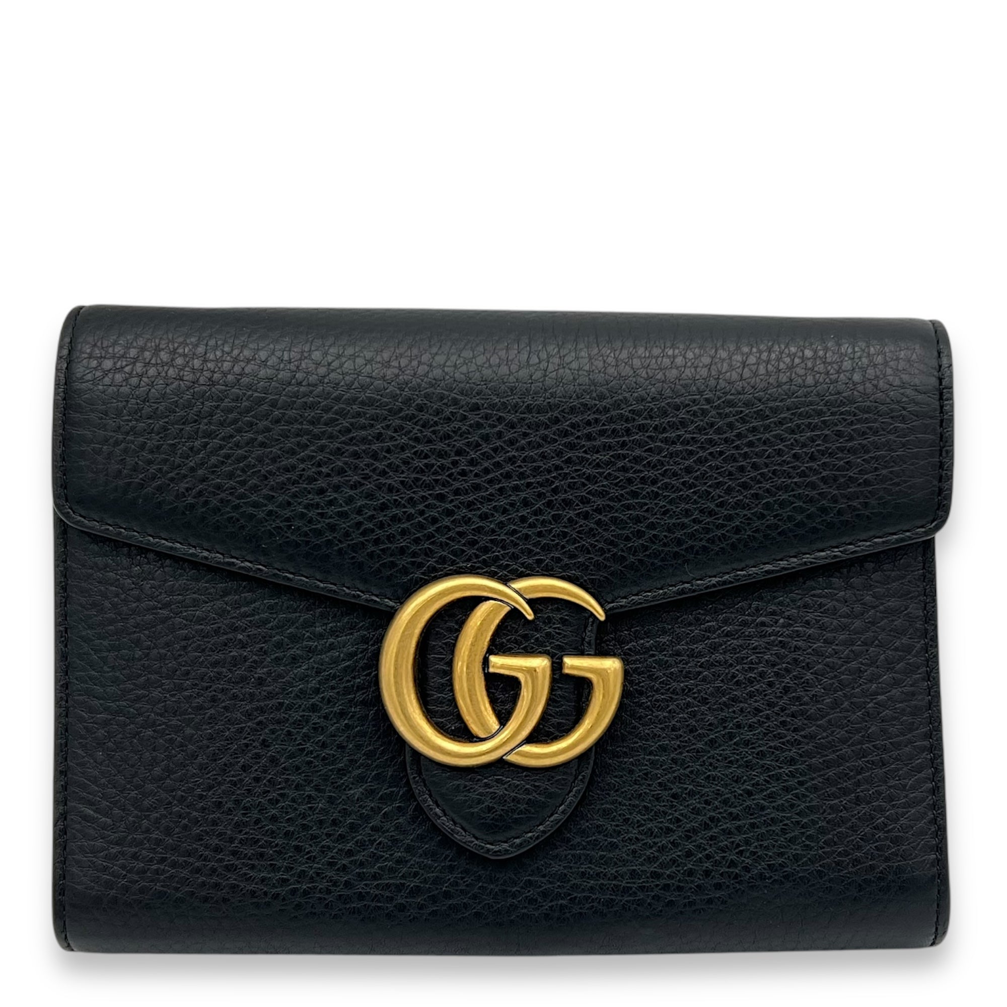 GG Marmont Black Wallet On Chain in Calfskin, Gold hardware