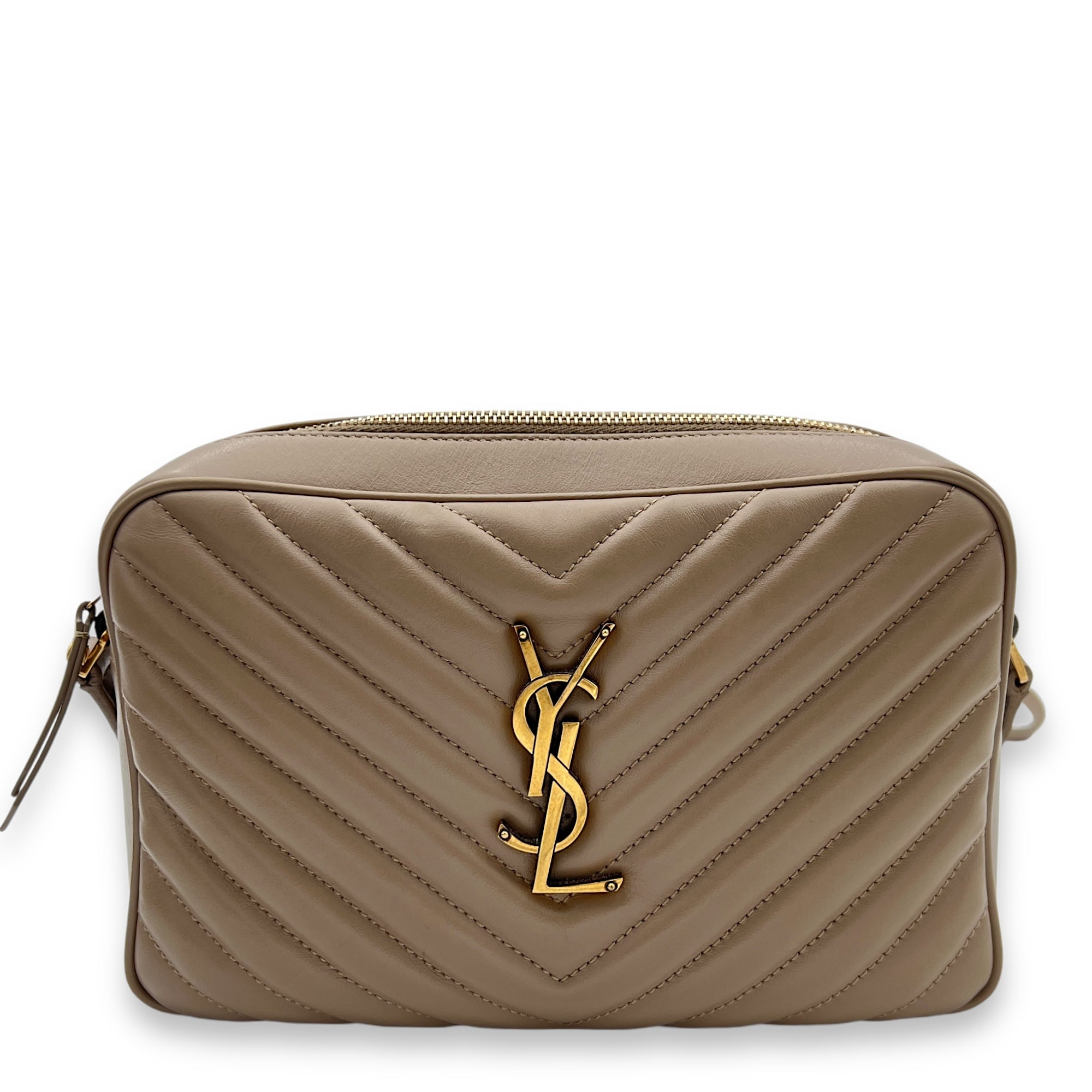 Lou Crossbody Bag Beige in Calfskin, Gold hardware