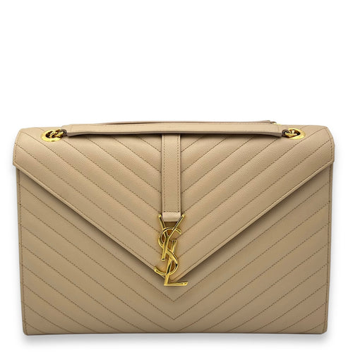 Envelope Large Beige Shoulder Bag in Caviar Leather, Gold hardware