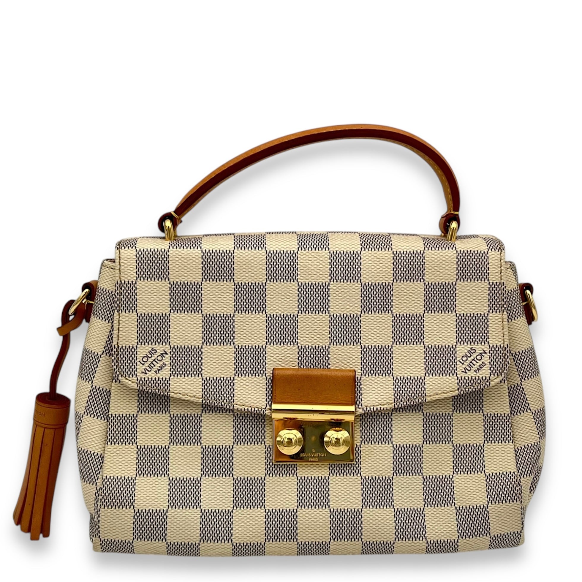 Croisette Top Handle Bag Damier Azur in Coated Canvas, Gold hardware