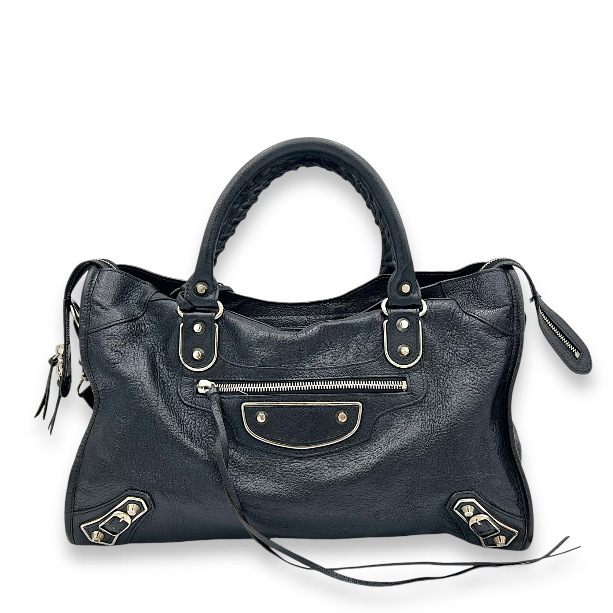 Metallic Edge Medium Black Top Handle Bag in Goat Leather, Silver hardware