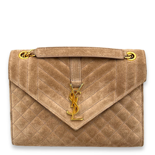 Triquilt Envelope Medium Gold Shoulder Bag in Suede Leather, Gold hardware