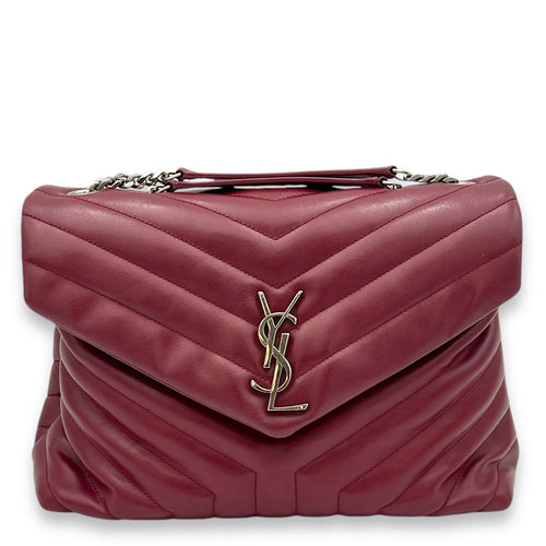 Loulou Small Red Shoulder Bag in Calfskin, Silver hardware