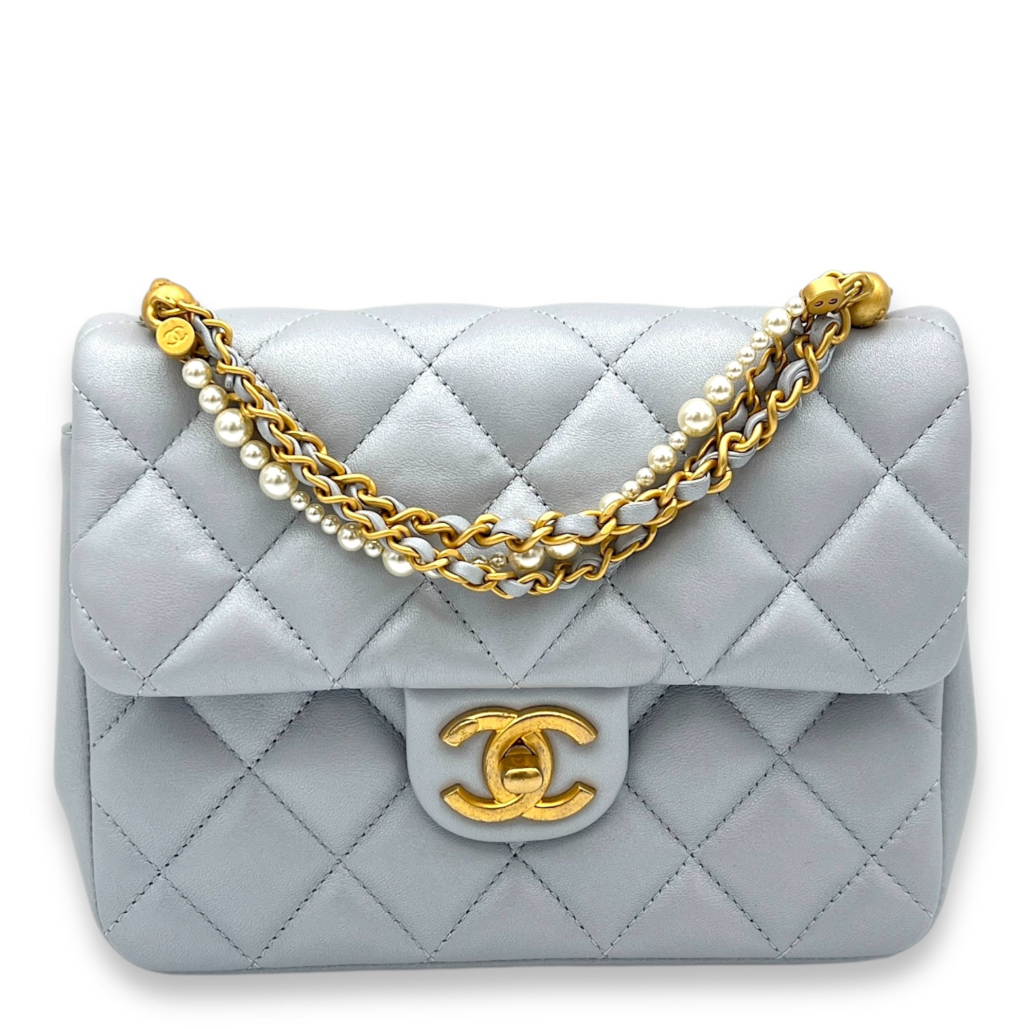 Quilted Pearl Twist Square Mini Grey Crossbody Bag in Lambskin, Gold hardware