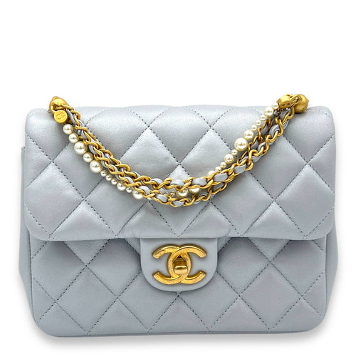 Quilted Pearl Twist Square Mini Grey Crossbody Bag in Lambskin, Gold hardware