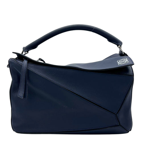 Puzzle Medium Blue Top Handle Bag in Calfskin, Silver hardware