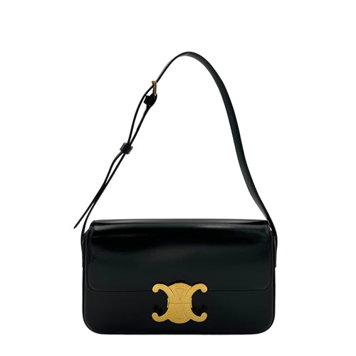 Triomphe Claude Shoulder Bag Black in Calfskin, Gold hardware