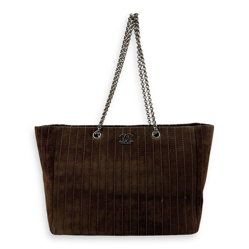 Quilted Vertical Mademoiselle Brown Tote Bag in Suede Leather, Silver hardware