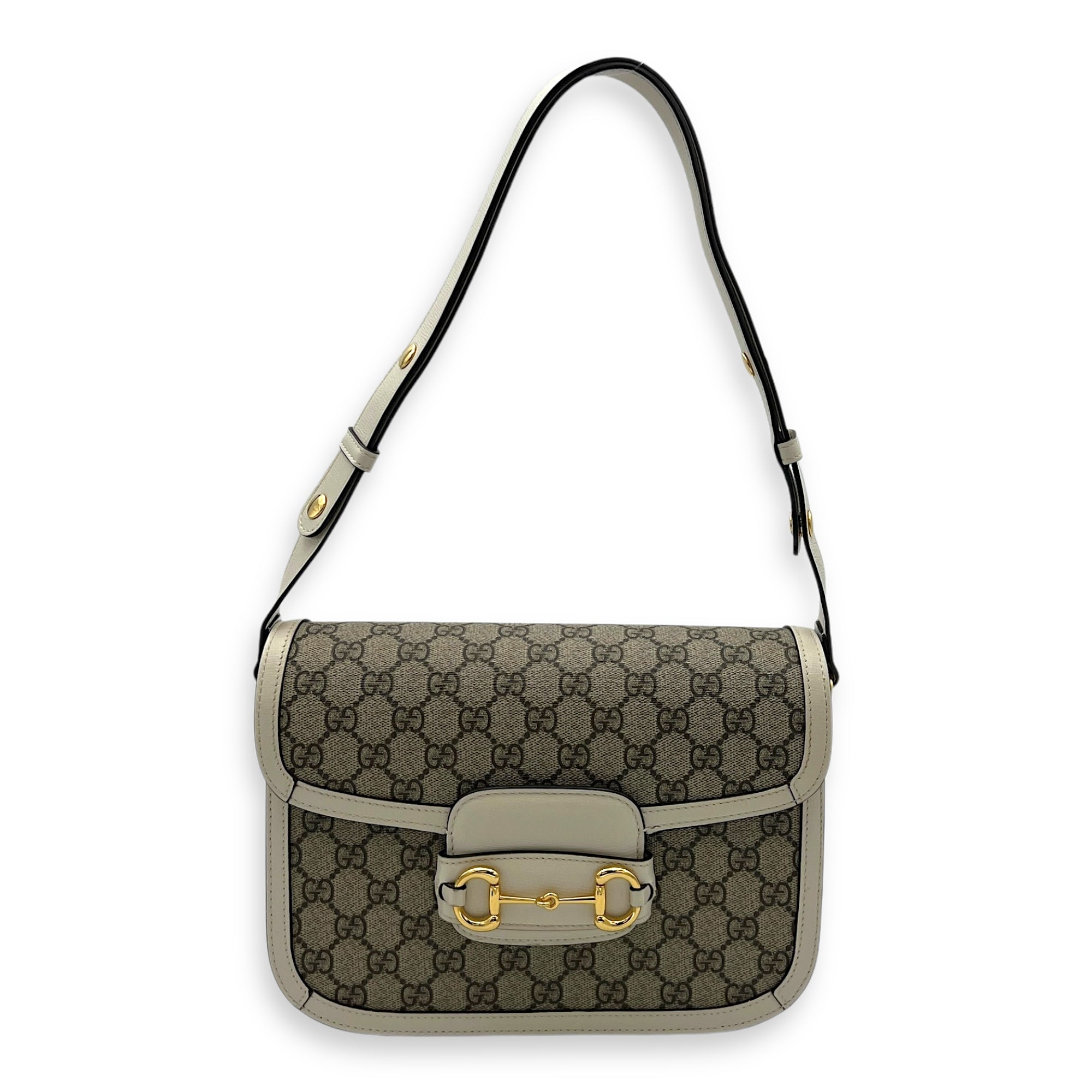 Horsebit 1955 White Shoulder Bag in Coated Canvas, Gold hardware