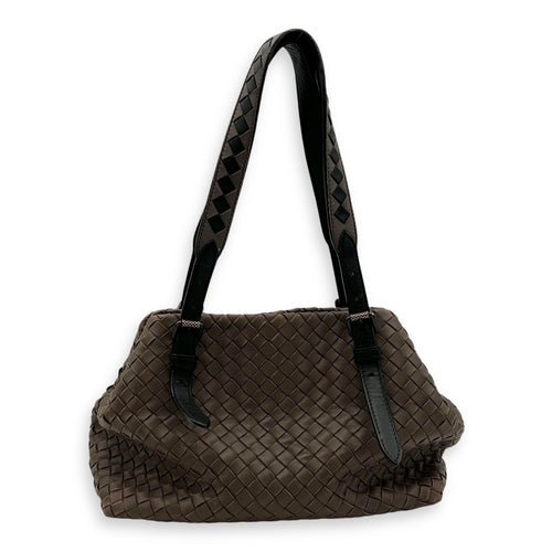 Intrecciato Brown Shoulder Bag in Lambskin, Ruthenium hardware