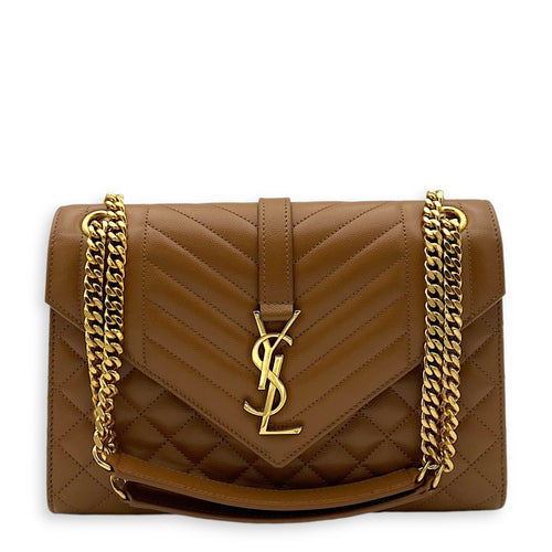 Envelope Medium Brown Shoulder Bag in Calfskin, Gold hardware