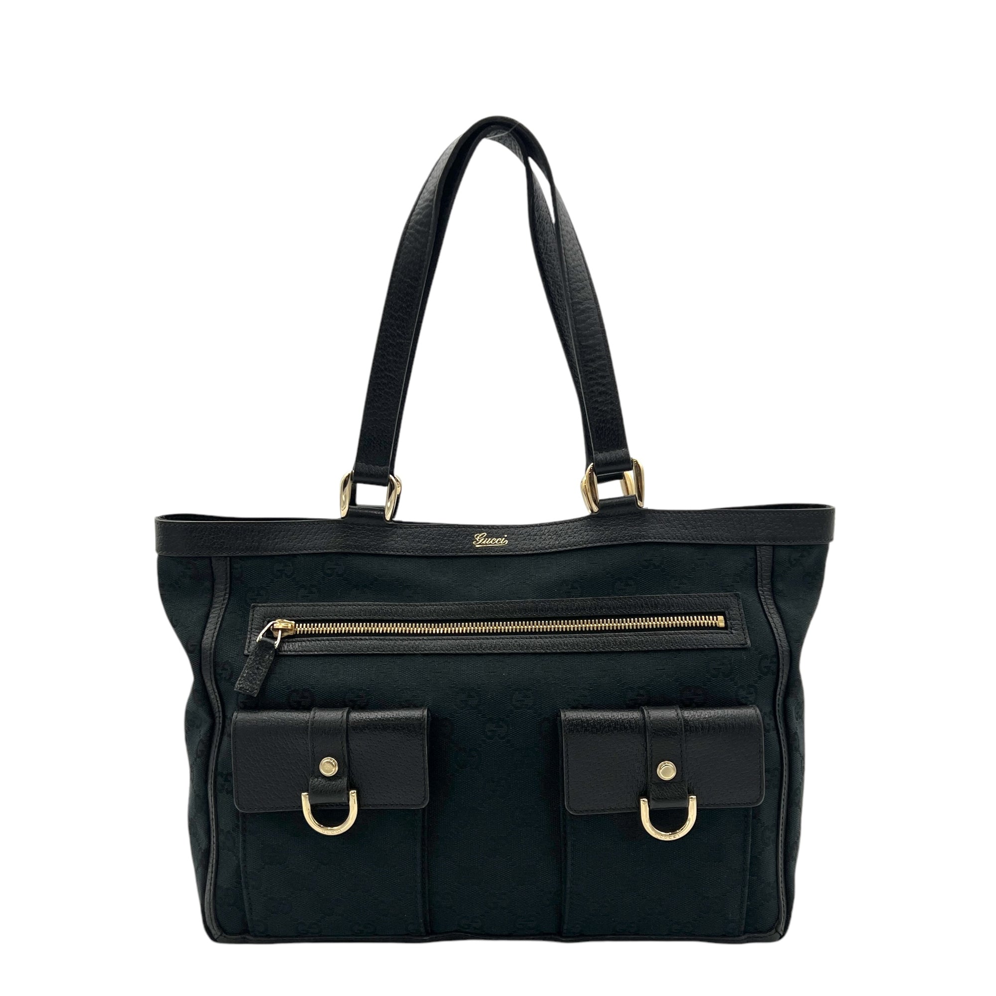 Abbey D Ring Black Tote Bag in Jacquard, Gold hardware