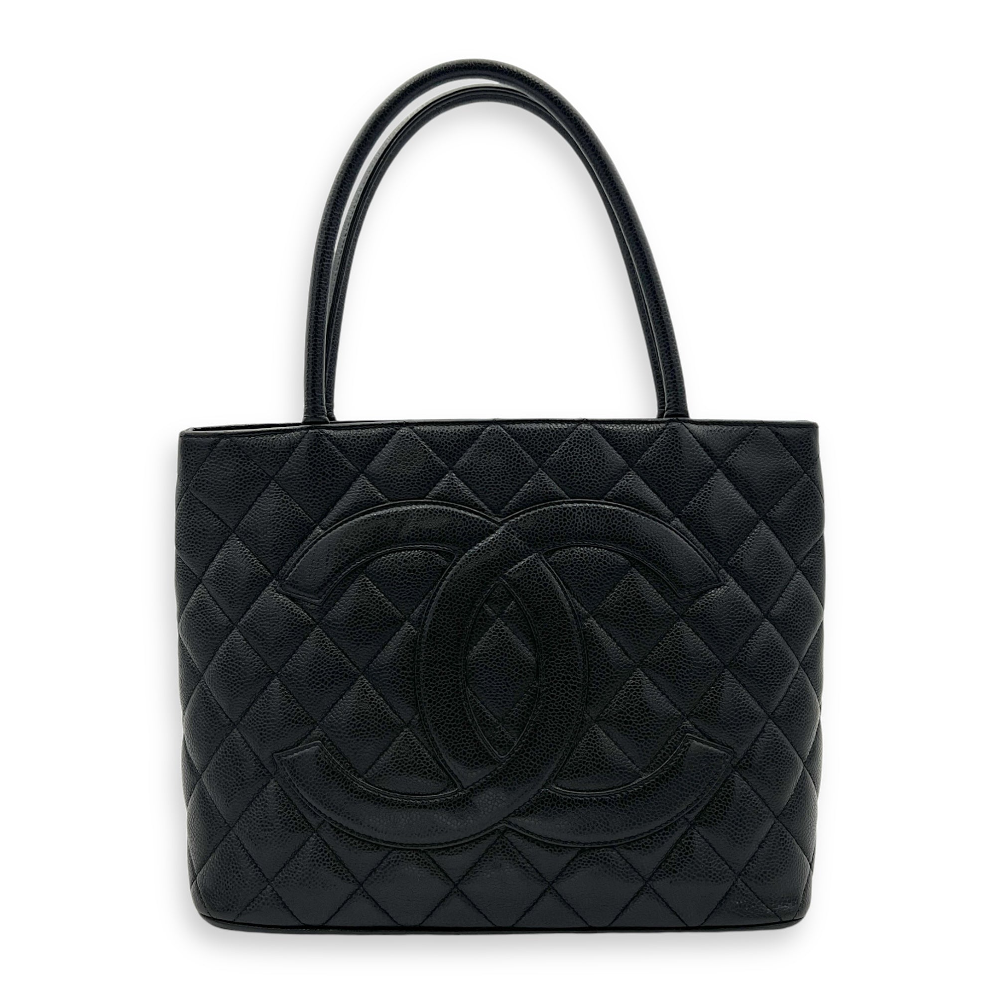 Medallion Top Handle Bag Black in Caviar Leather, Gold hardware