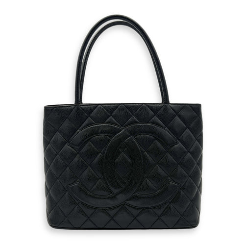 Medallion Top Handle Bag Black in Caviar Leather, Gold hardware