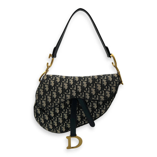 Saddle Medium Blue Shoulder Bag in Jacquard, Gold hardware