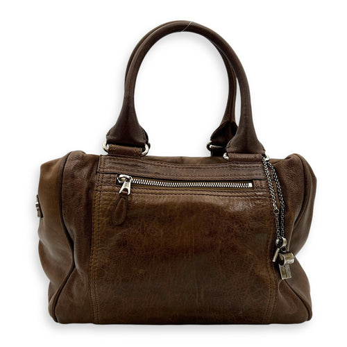 Whistle Brown Top Handle Bag in Goat Leather, Silver hardware