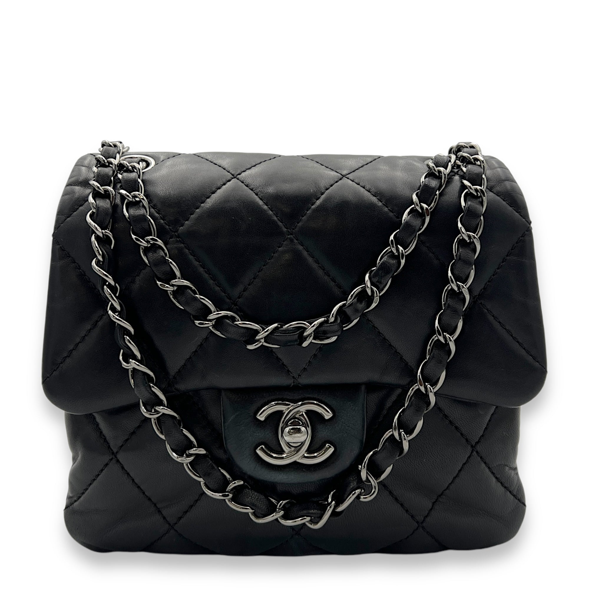 Square Bag Crossbody Bag Black in Lambskin, Silver hardware