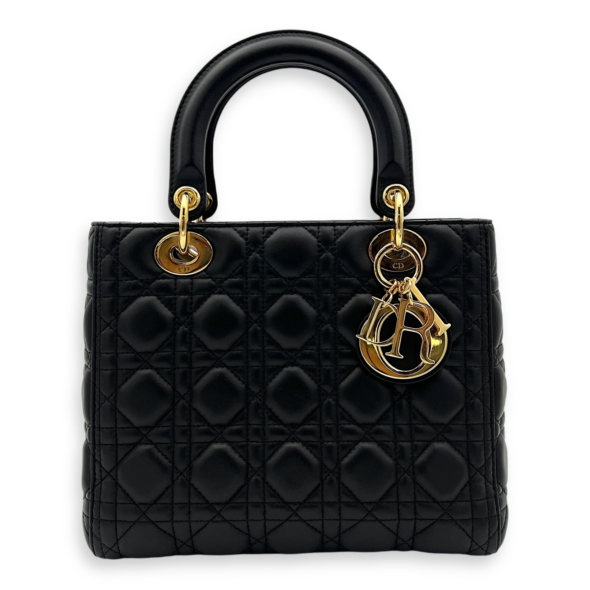 Lady Dior Medium Black Top Handle Bag in Lambskin, Gold hardware