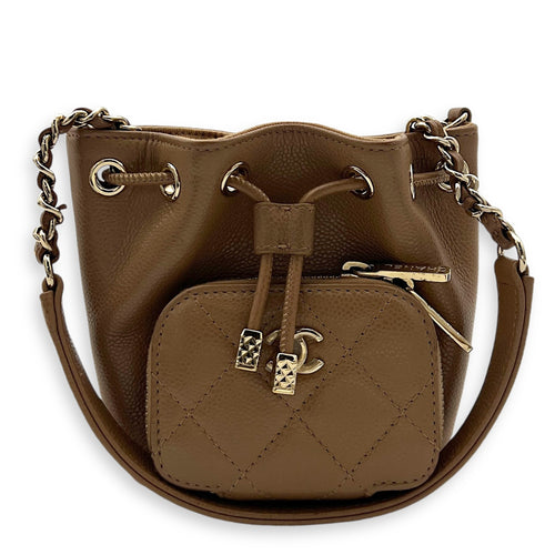 Business Affinity Mini Brown Bucket Bag in Caviar Leather, Gold hardware