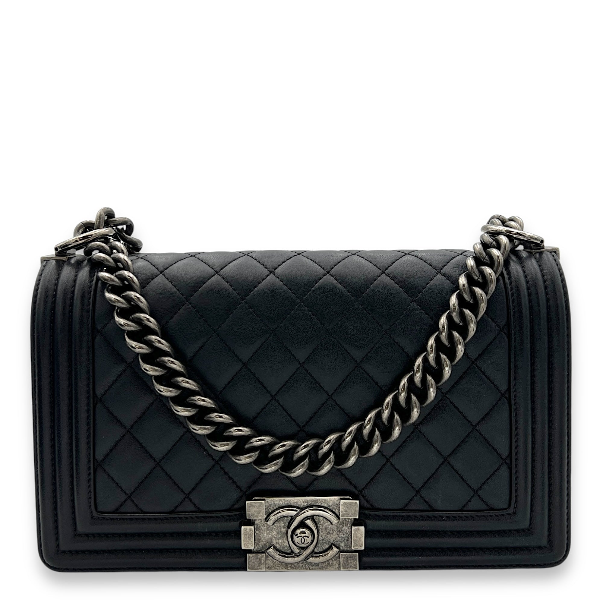 Boy Medium Black Shoulder Bag in Lambskin, Ruthenium hardware