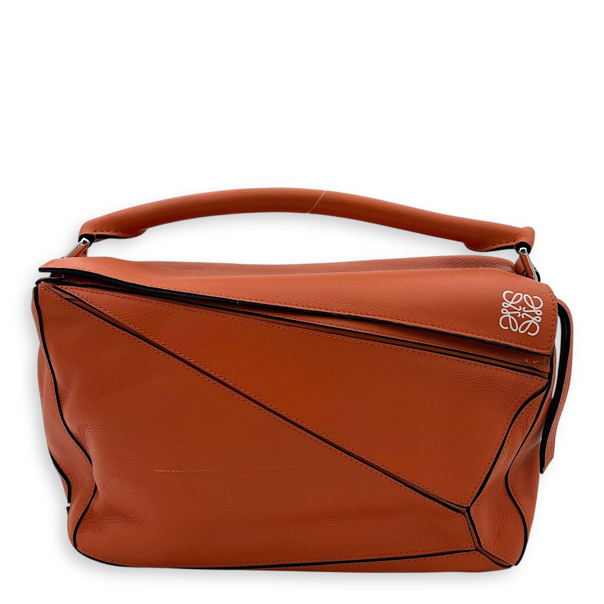 Puzzle Medium Orange Top Handle Bag in Calfskin, Silver hardware