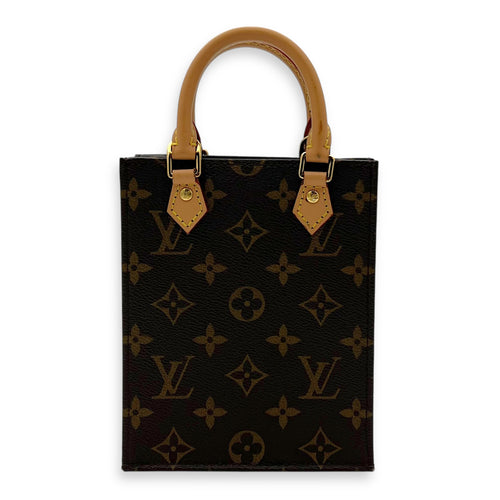 Sac Plat Mini Brown Top Handle Bag in Monogram Coated Canvas, Gold hardware