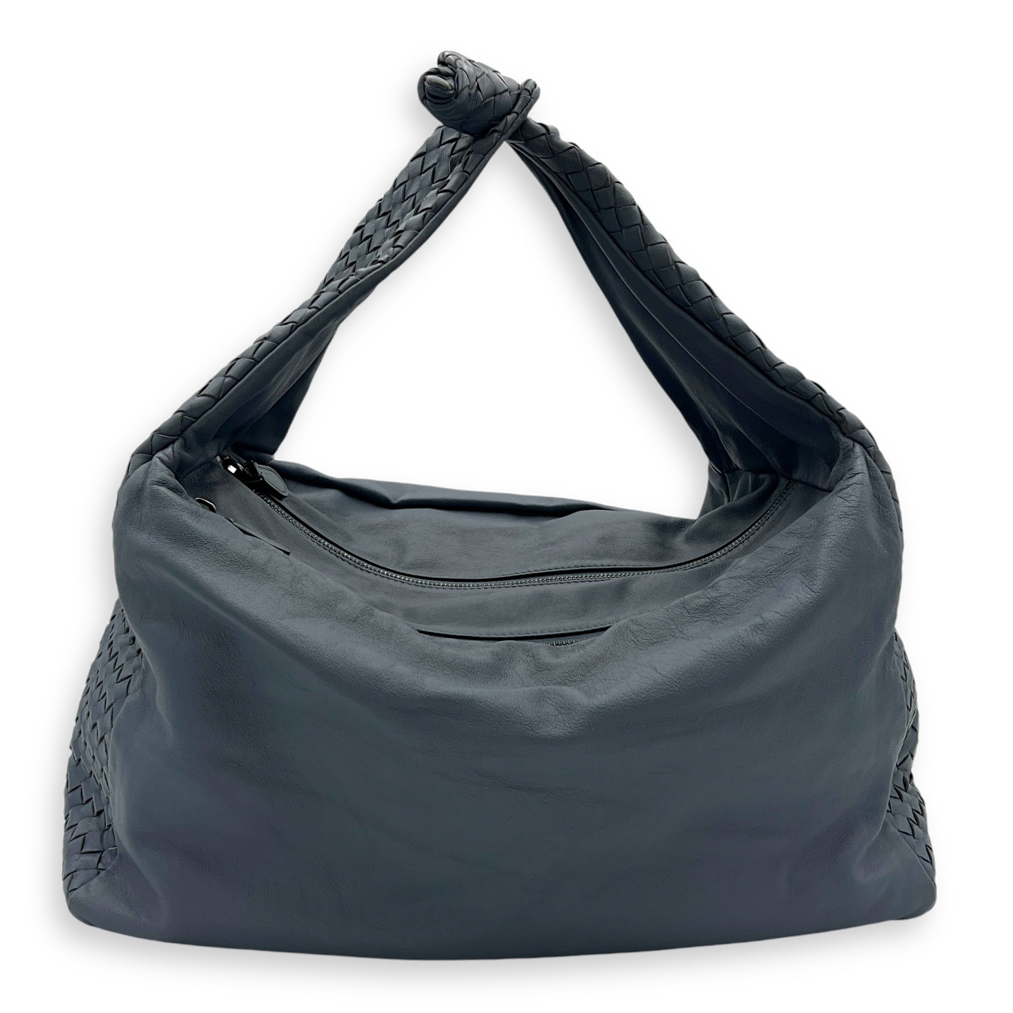 Intrecciato Shoulder Bag Blue in Lambskin, Gunmetal hardware