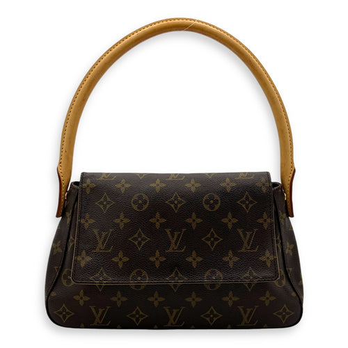 Looping Brown Shoulder Bag in Monogram Coated Canvas, Gold hardware