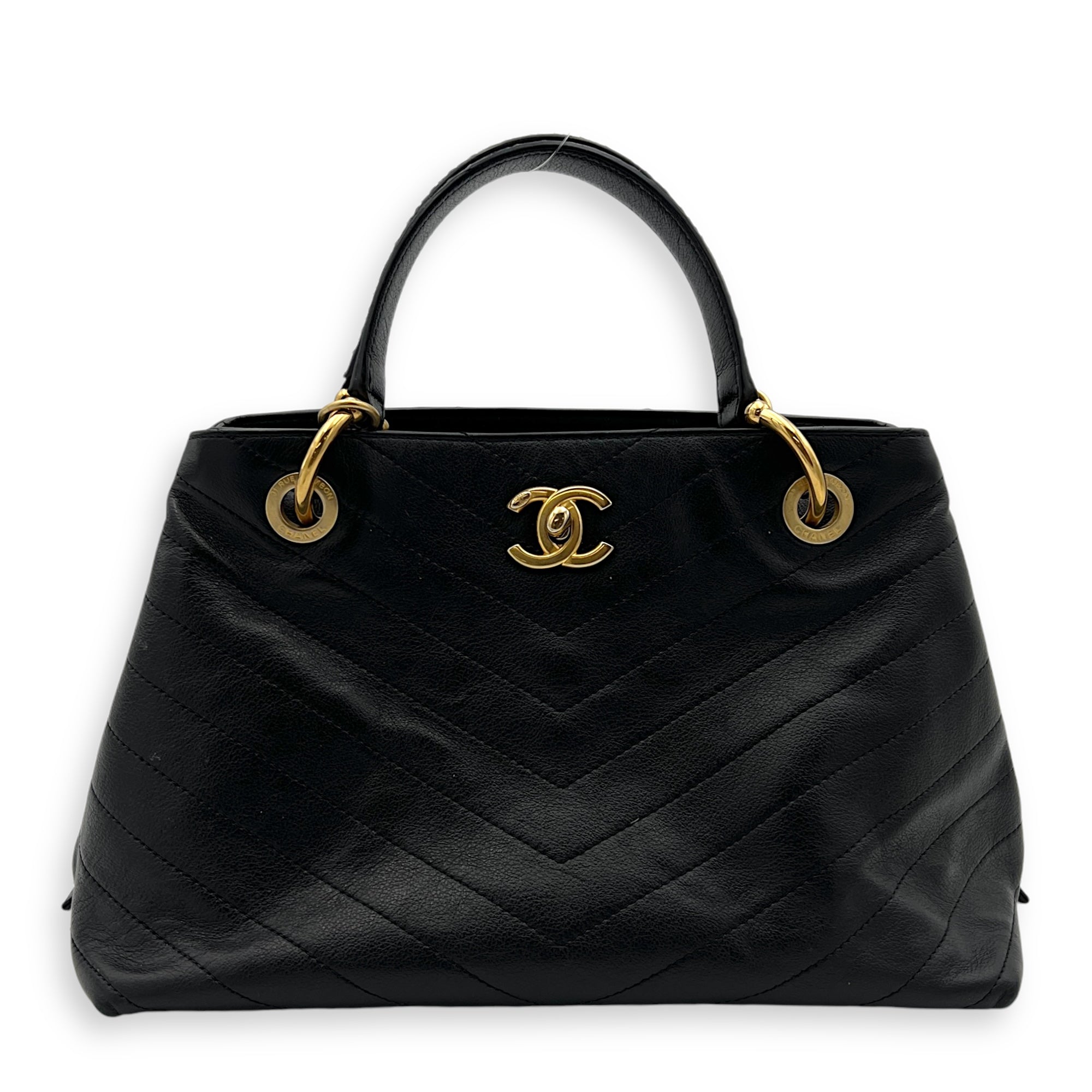 V Stitch Top Handle Bag Black in Calfskin, Gold hardware