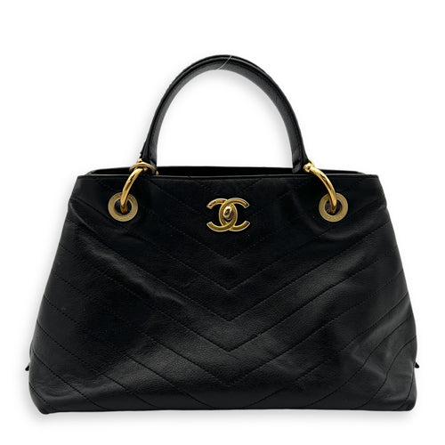 V Stitch Top Handle Bag Black in Calfskin, Gold hardware