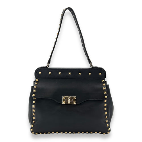 Rockstud Shoulder Bag Black in Calfskin, Gold hardware