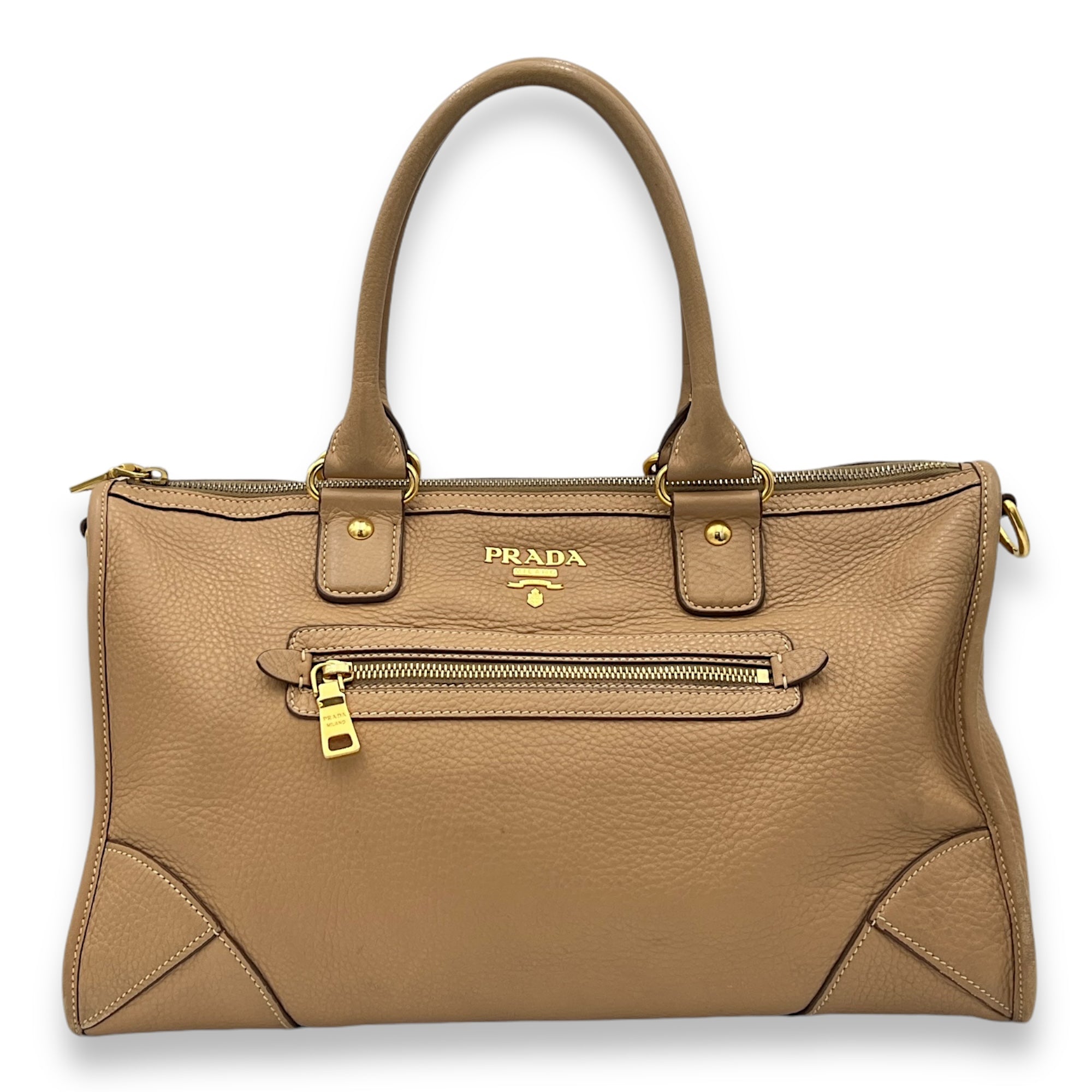 Logo Top Handle Bag Brown in Calfskin, Gold hardware