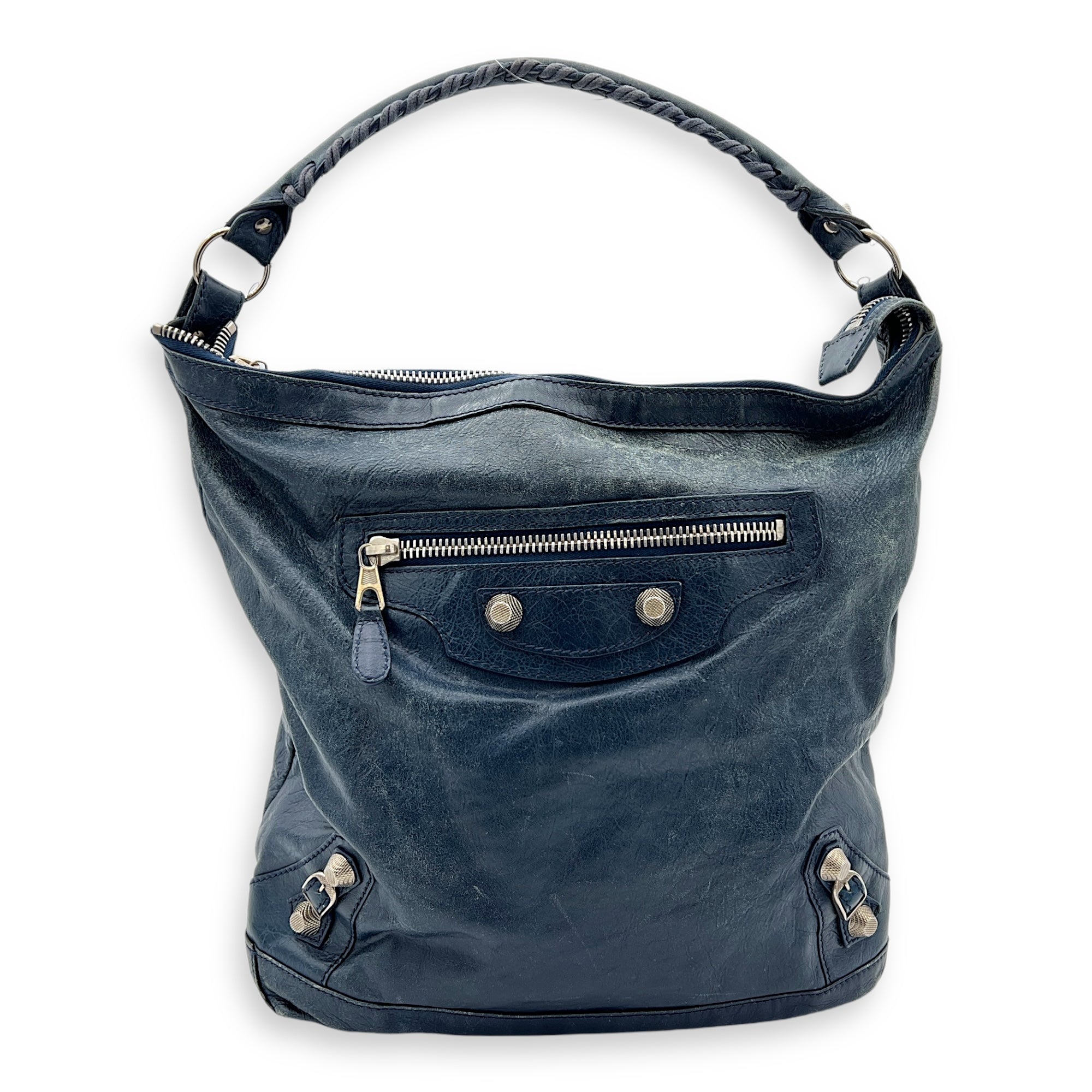 Balenciaga Day Shoulder Bag Blue in Distressed Leather, Silver hardware_1