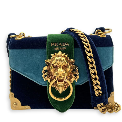 Prada Velluto Lions Shoulder Bag Blue in Velvet, Gold hardware_1