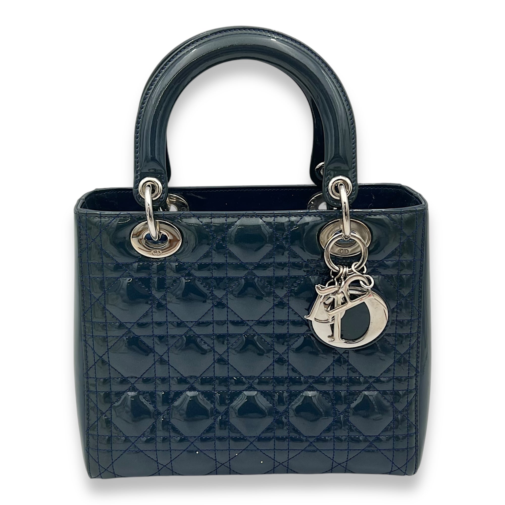 Christian Dior Lady Dior Medium Blue Top Handle Bag in Patent Leather, Silver hardware_1