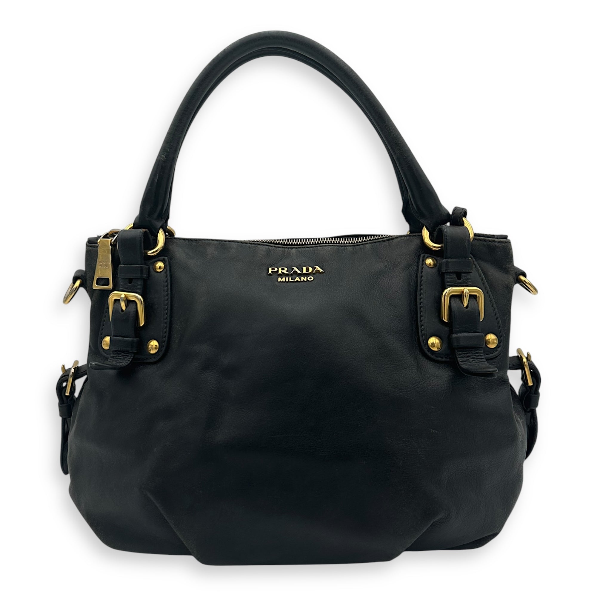 Prada Logo Top Handle Bag Black in Calfskin, Gold hardware_1