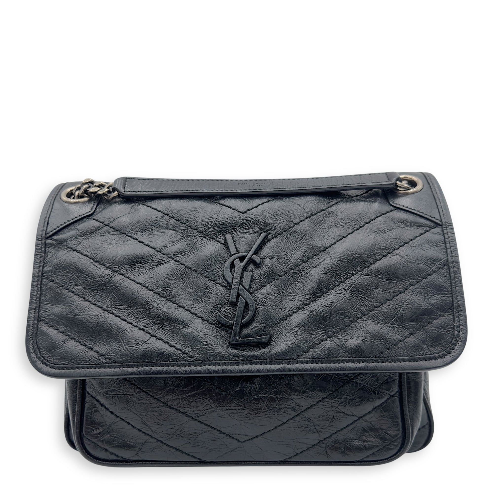 Saint Laurent Niki Medium Black Shoulder Bag in Calfskin, Silver hardware_1